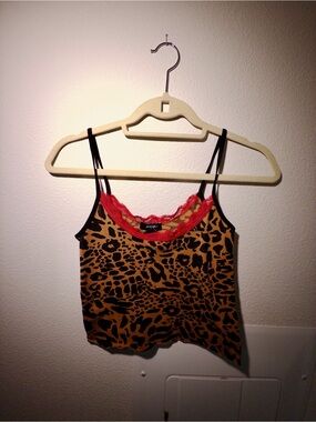 Leopard Print Y2K Lace-Trim Cami Tank Top - Red Lace